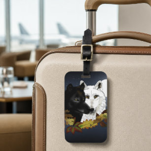 Black White Wolves Moonlight Autumn Leaves Luggage Tag