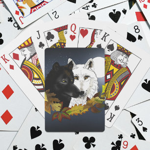 Black White Wolves Moonlight Autumn Leaves Playing Cards