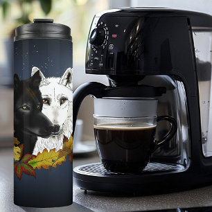 Black White Wolves Moonlight Autumn Leaves Thermal Tumbler