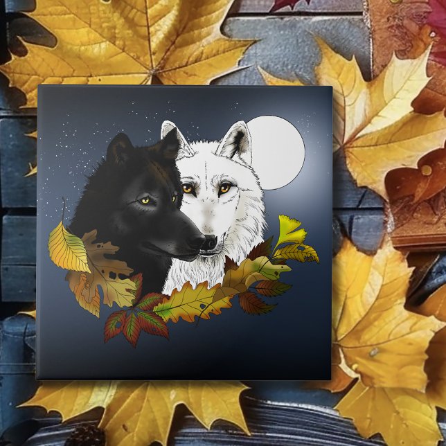 Black White Wolves Moonlight Autumn Leaves Tile (Creator Uploaded)