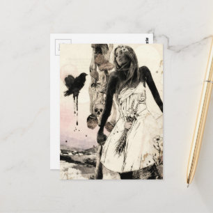 Black White Woman with mushrooms surreal collage Postcard