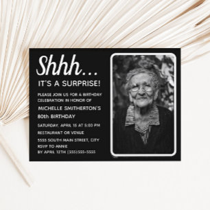 Black White Women's Surprise 80th Birthday Photo Invitation Postcard