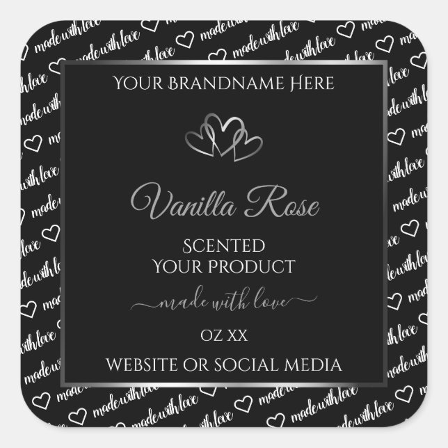 Black White Word Cloud Product Label Silver Hearts (Front)