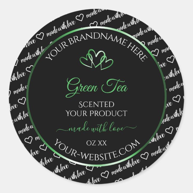 Black White Word Cloud Product Labels Green Hearts (Front)