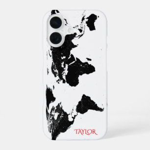 Black & White World Map – Personalized iPhone 16 Case