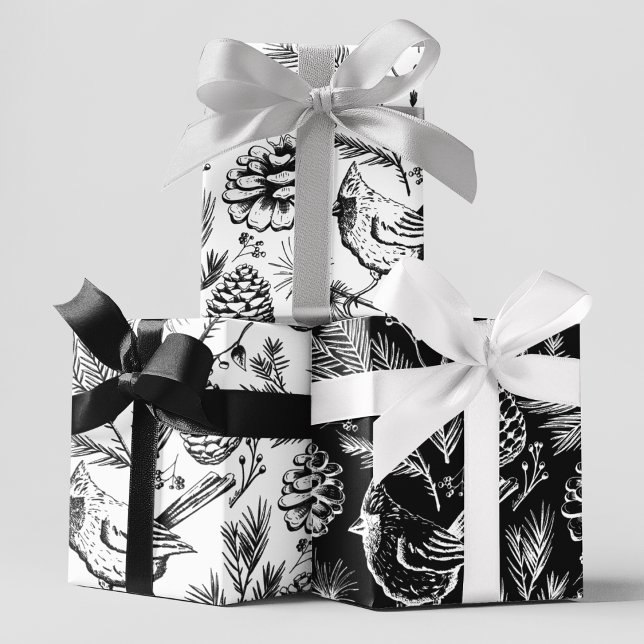 Black & White XL Cardinal Bird, Pine, Winter Berry Wrapping Paper Sheet (Creator Uploaded)
