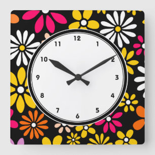 Black white yellow and pink Flower pattern Square Wall Clock