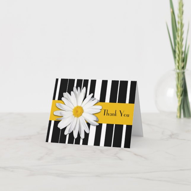 Black White Yellow Daisy Striped Thank You Card (Front)