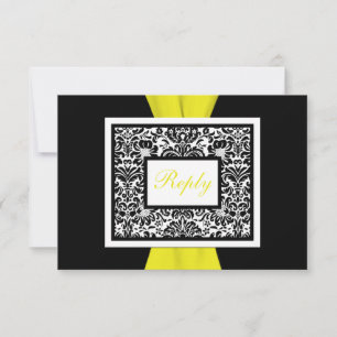Black, White, Yellow Damask PRINTED RIBBON RSVP Card