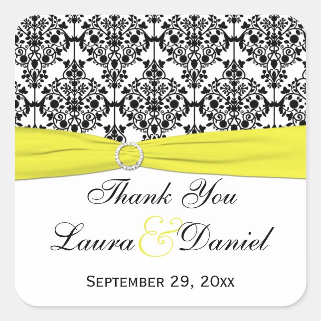 Black White Yellow Damask Wedding Favour Sticker (Front)