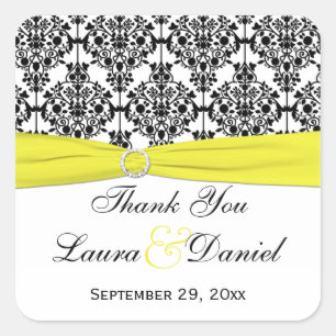 Black White Yellow Damask Wedding Favour Sticker