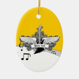Black white yellow electric guitar with wings ceramic ornament