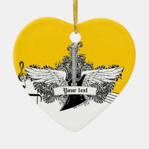 Black white yellow electric guitar with wings ceramic ornament