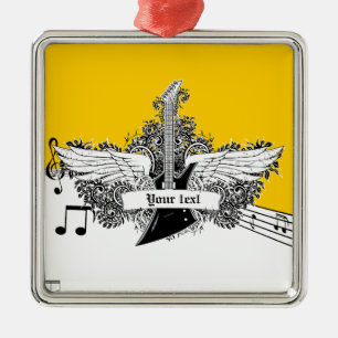 Black white yellow electric guitar with wings metal ornament