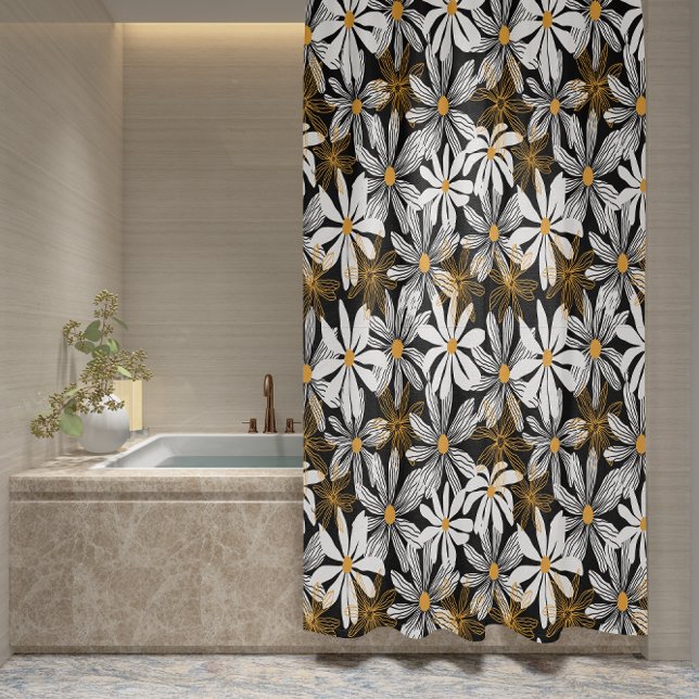 Black, White, Yellow Elegant Daisy Floral Abstract (Black, White, Yellow Elegant Daisy Floral Abstract Shower Curtain)