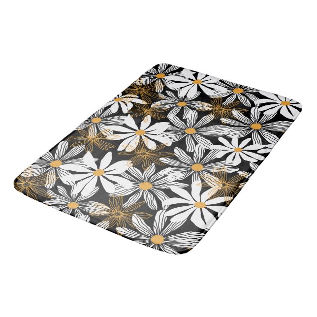 Black, White, Yellow Elegant Daisy Floral Abstract Bath Mat (Angled)