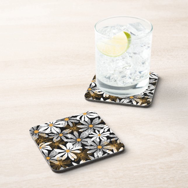 Black, White, Yellow Elegant Daisy Floral Abstract Coaster (Right Side)