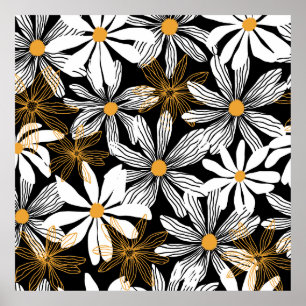Black, White, Yellow Elegant Daisy Floral Abstract Poster