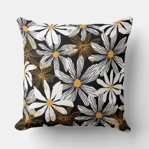 Black, White, Yellow Elegant Daisy Floral Abstract Throw Pillow
