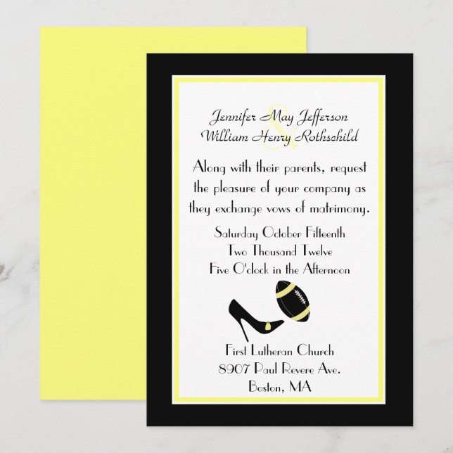 Black, White, & Yellow Football Wedding Invitation (Front/Back)
