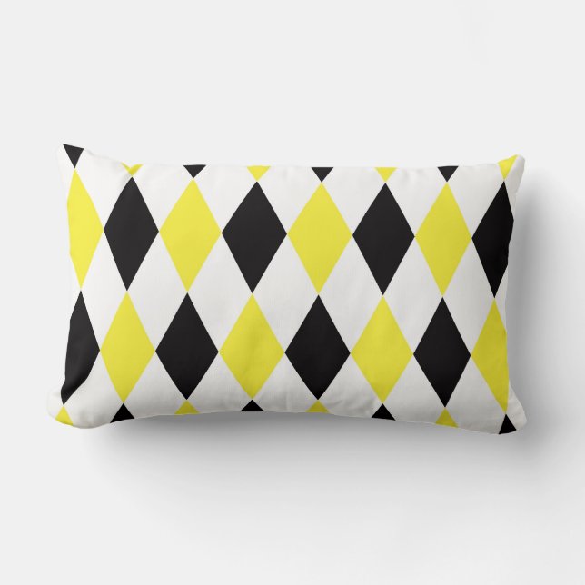 Black White Yellow Harlequin Diamond Pattern Lumbar Pillow (Front)