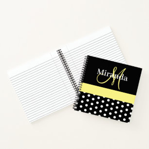 Black White Yellow Monogram Script Polka Dots Notebook