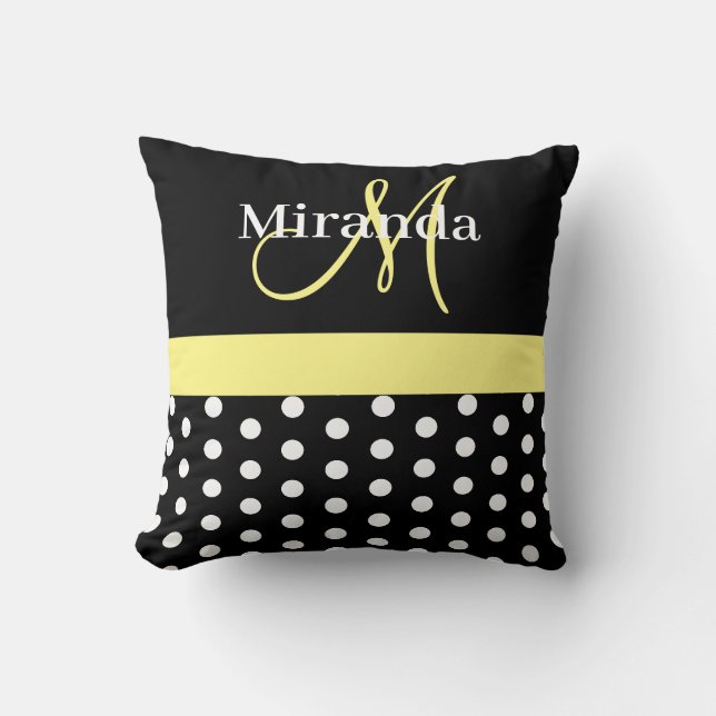 Black White Yellow Monogram Script Polka Dots Throw Pillow (Front)