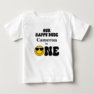 Black White Yellow Our Happy Dude 1st Birthday  Baby T-Shirt