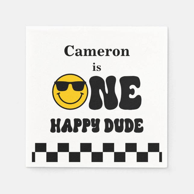 Black White Yellow Our happy dude 1st birthday Napkin (Front)