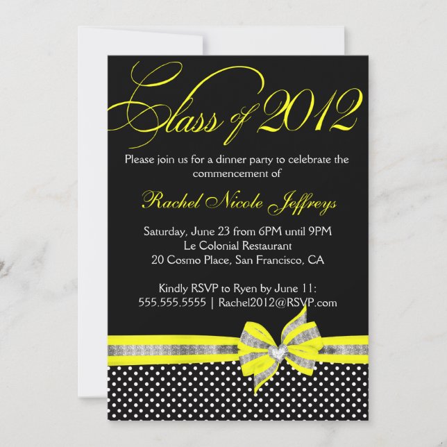 Black White Yellow Polka Dot Graduation Invitation (Front)