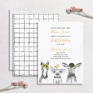Black White Yellow Script Farm 1st Birthday Party Invitation