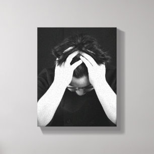 Black & White Young Man Head in Hands 8x10 Canvas Print