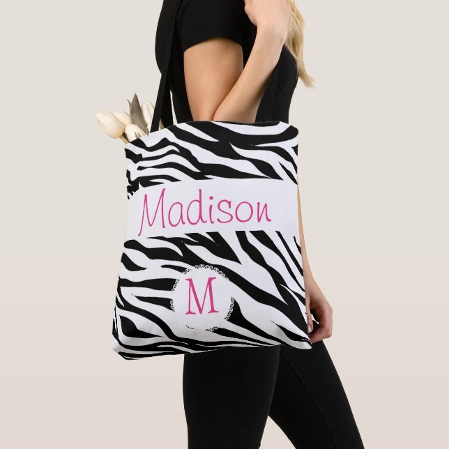 Black White Zebra Animal Print Initial Monogram Tote Bag (Close Up)