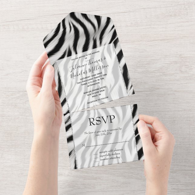 Black White Zebra Animal Print Safari All In One Invitation (Tearaway)