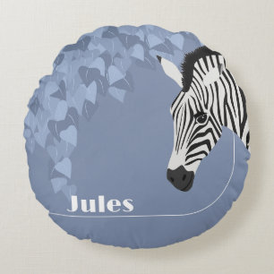 Black White Zebra Blue Yellow Ivy add Name Round Pillow