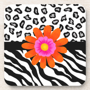 Black & White Zebra & Cheetah Skin & Orange Flower Coaster