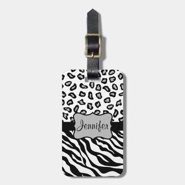 Black & White Zebra & Cheetah Skin Personalized Luggage Tag (Front Vertical)