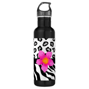 Black & White Zebra & Cheetah Skin & Pink Flower 710 Ml Water Bottle