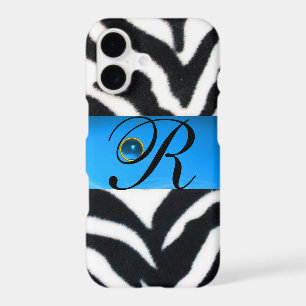 BLACK WHITE ZEBRA FUR AQUA BLUE GEM MONOGRAM,