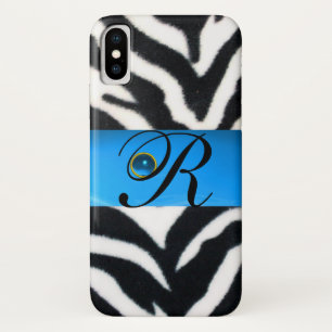 BLACK WHITE ZEBRA FUR AQUA BLUE GEM MONOGRAM, Case-Mate iPhone CASE
