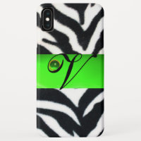 BLACK WHITE ZEBRA FUR EMERALD GREEN GEM MONOGRAM,