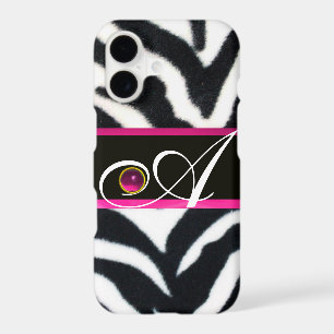 BLACK WHITE ZEBRA FUR FUCHSIA PINK GEM MONOGRAM,