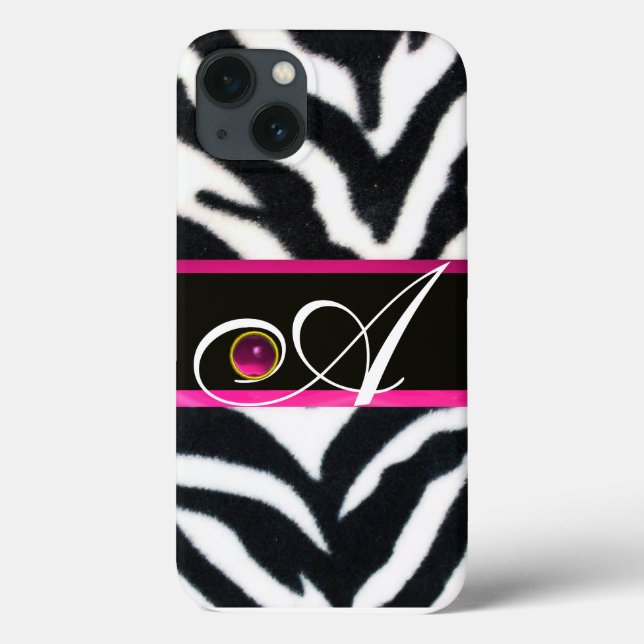 BLACK WHITE ZEBRA FUR FUCHSIA  PINK GEM MONOGRAM, Case-Mate iPhone CASE (Back)