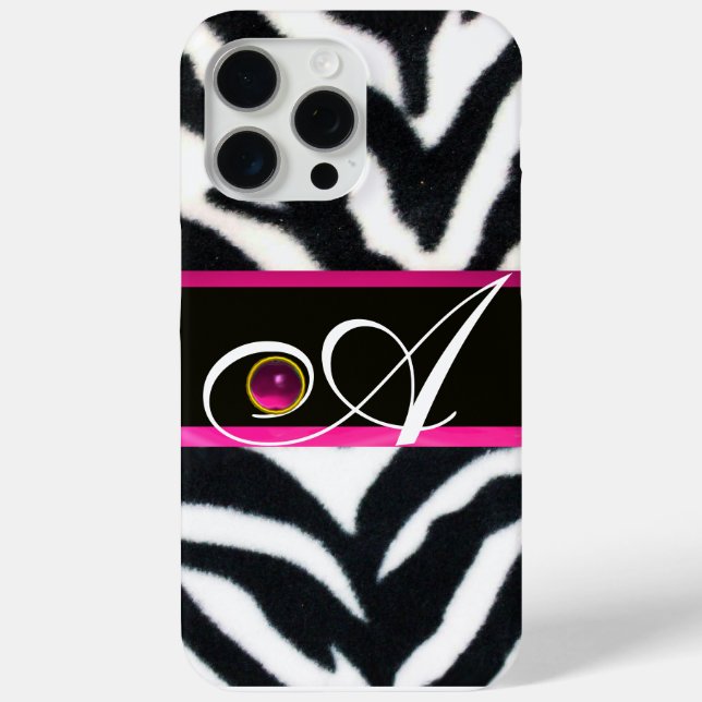 BLACK WHITE ZEBRA FUR FUCHSIA  PINK GEM MONOGRAM, Case-Mate iPhone CASE (Back)