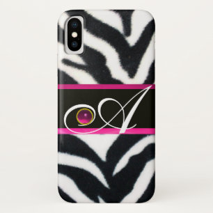 BLACK WHITE ZEBRA FUR FUCHSIA  PINK GEM MONOGRAM, Case-Mate iPhone CASE