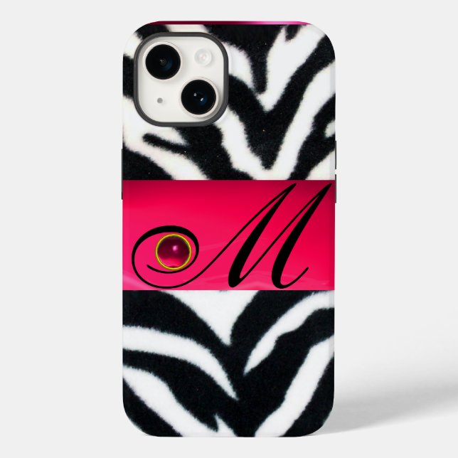 BLACK WHITE ZEBRA FUR  FUCHSIA  PINK GEM MONOGRAM, Case-Mate iPhone CASE (Back)