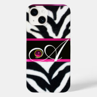 BLACK WHITE ZEBRA FUR FUCHSIA PINK GEM MONOGRAM,