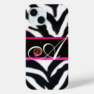 BLACK WHITE ZEBRA FUR FUCHSIA  PINK GEM MONOGRAM, iPhone 15 CASE