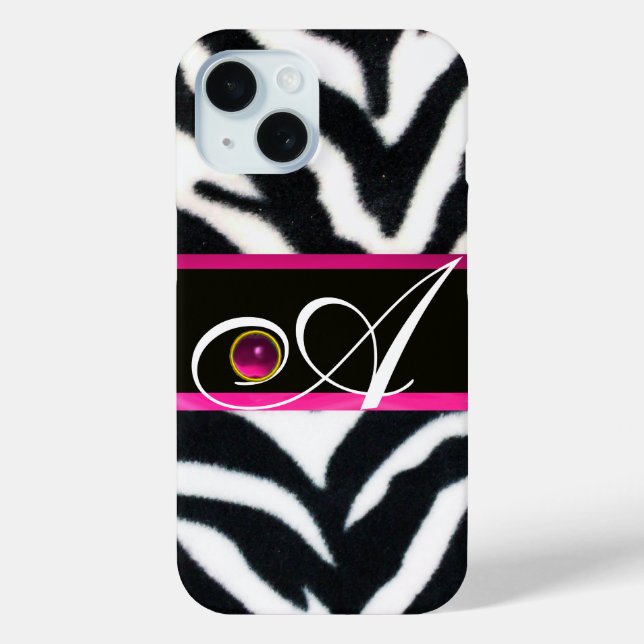 BLACK WHITE ZEBRA FUR FUCHSIA  PINK GEM MONOGRAM, Case-Mate iPhone CASE (Back)