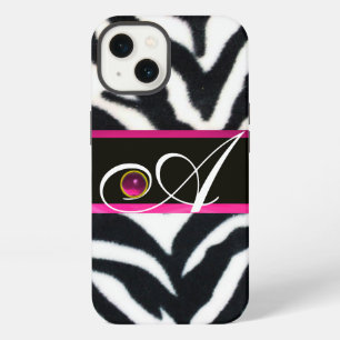 BLACK WHITE ZEBRA FUR FUCHSIA PINK GEM MONOGRAM, iPhone 13 CASE